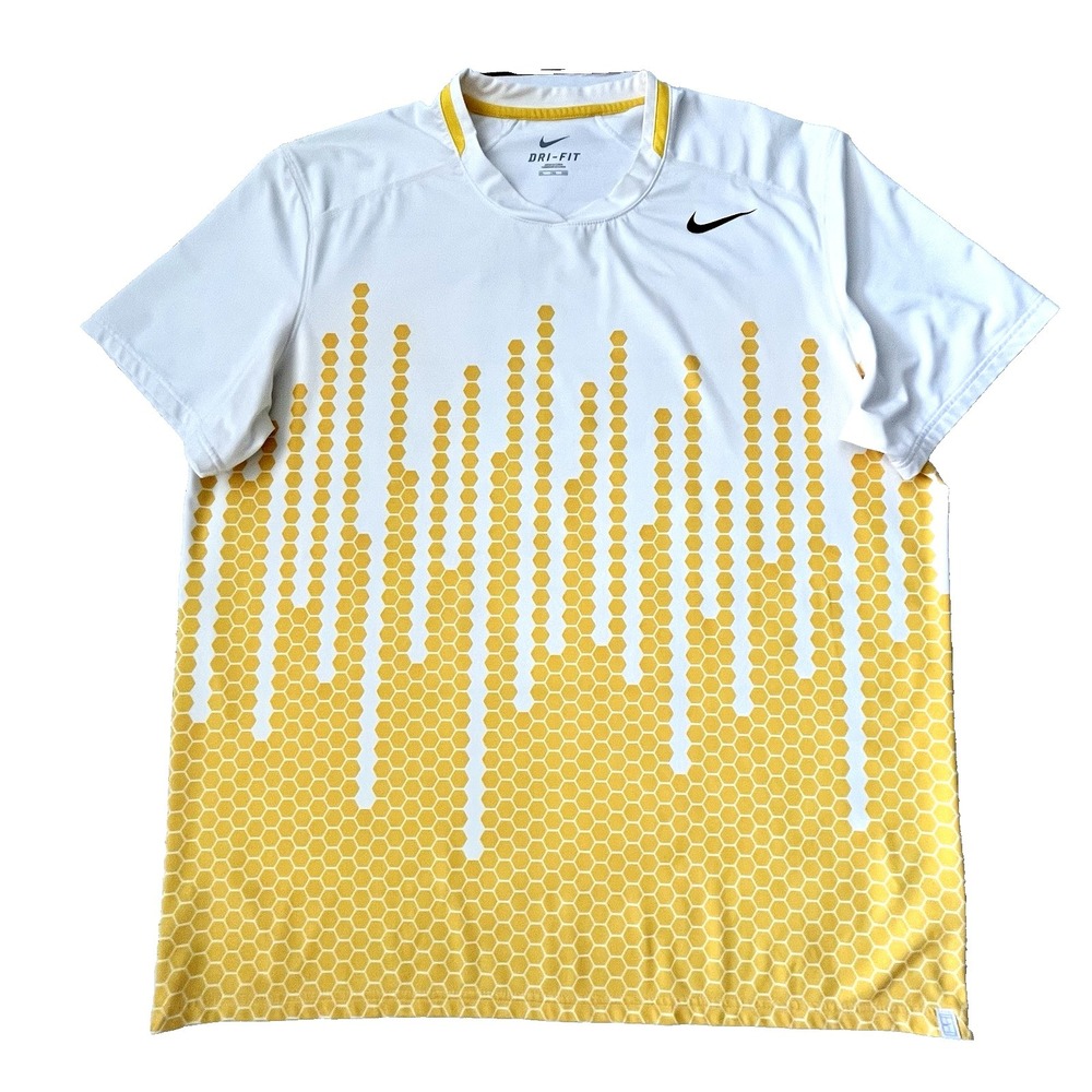 Nike Tennis Dri Fit Jersey T Shirt Men XXL 2XL Yellow Honeycomb V Neck Logo